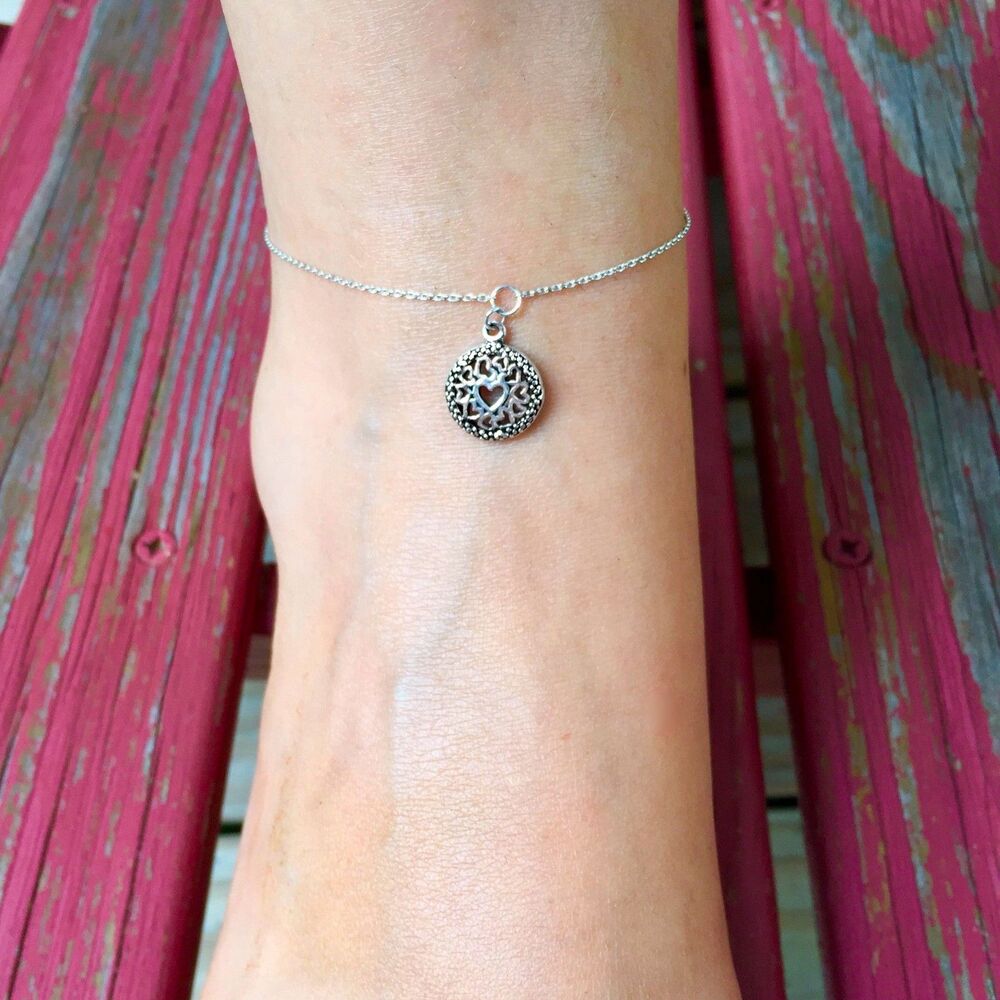 Filigree Heart Charm Anklet Sterling Silver